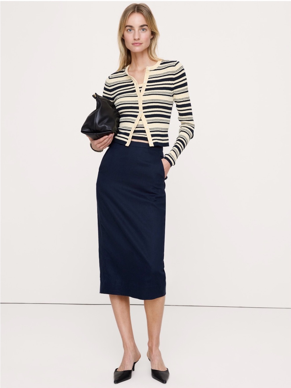 NWT Banana Republic Stretch Linen Viscose Pencil Navy Skirt Sz 12.